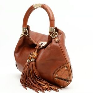GUCCI Large Babouska Indy Brown Leather Hobo Shoulder Bag Authentic Bamboo Rare